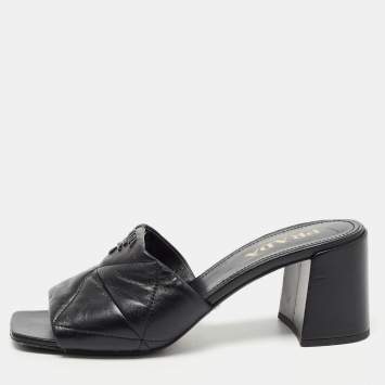 Pre Owned Prada Black Leather Quilted Block Heel Slide Sandals Size 39.5