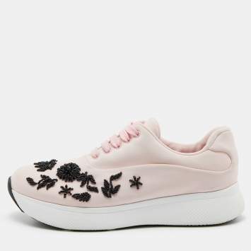 مملوكة مسبقًا Prada Pink Neoprene Beads Embellished Cloudbust Lace Up Sneakers Size 38.5