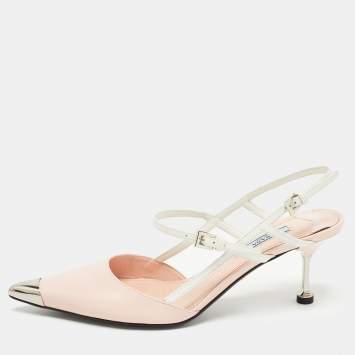Pre Owned Prada Pink/White Leather Pointed Toe Slingback Pumps Size 38.5