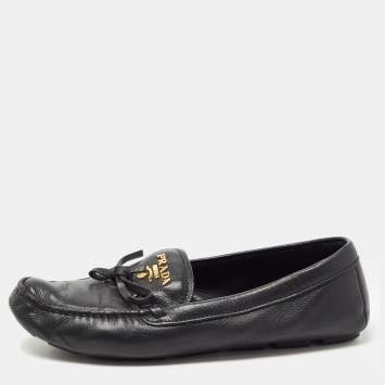 Pre Owned Prada Black Leather Bow Detail Loafers Size 38.5