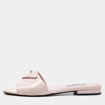 Pre Owned Prada Light Pink Leather Logo Flat Slides Size 37
