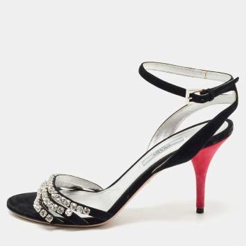 Pre Owned Prada Black/Silver Suede Crystal Embellished Ankle Strap Sandals Size 37