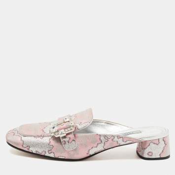 Pre Owned Prada Silver/Pink Lurux Fabric Crystal Embellished Mules Size 40.5