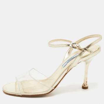 Pre Owned Prada Metallic Gold Leather and PVC Ankle Strap Sandals Size 37