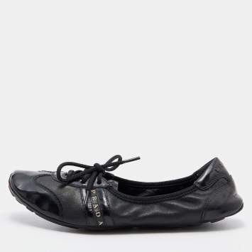 Pre Owned Prada Sport Black Patent Leather Lace-up Scrunch Flats Size 35