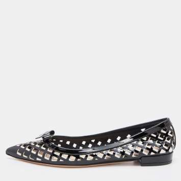Pre Owned Prada Black Laser Cut Patent Leather Bow Pointed Toe Ballet Flats Size 39