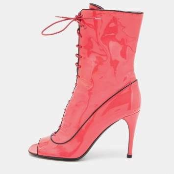 مملوكة مسبقًا Prada Neon Pink Patent Leather Lace Up Peep Toe Ankle Booties Size 37.5