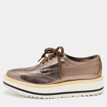 Pre Owned Prada Metallic Brogue Leather Wave Wingtip Platform Derby Sneakers Size 36