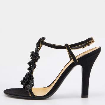 Pre Owned Prada Black Suede and Beaded Ankle Strap Sandals Size 37