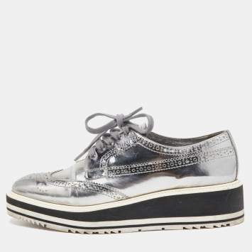 Pre Owned Prada Metallic Grey Brogue Leather Platform Lace Up Derby Size 38