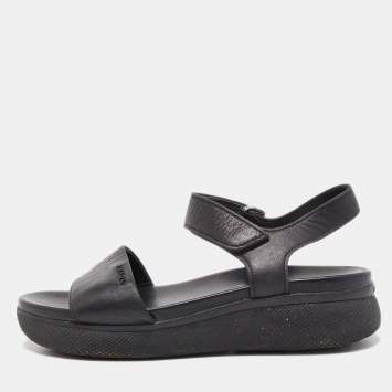 Pre Owned Prada Black Leather Ankle Strap Flat Sandals Size 37.5