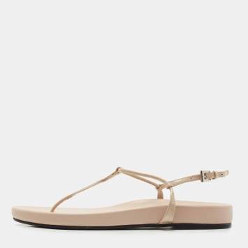 Pre Owned Prada Beige Patent T strap Flat Sandals Size 38