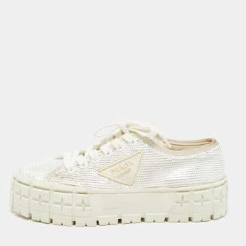 Pre Owned Prada White Sequins Double Wheel Platform Sneakers Size 38