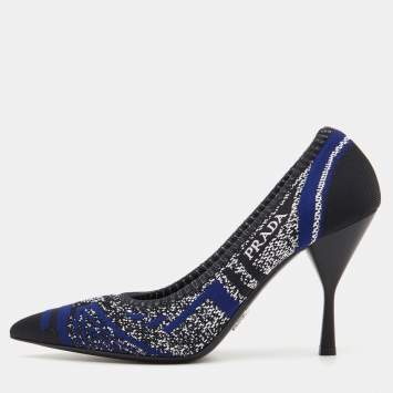 Pre Owned Prada Blue/Black Printed Knit Fabric Pointed Toe Pumps Size 37.5