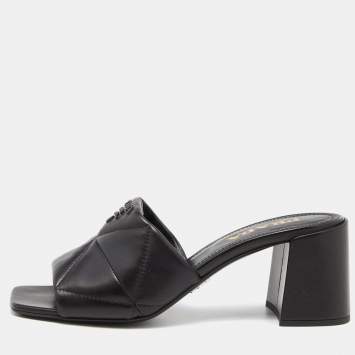 Pre Owned Prada Black Quilted Leather Logo Slide Sandals Size 38
