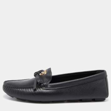 Pre Owned Prada Black Saffiano Leather Bow Detail Loafers Size 36