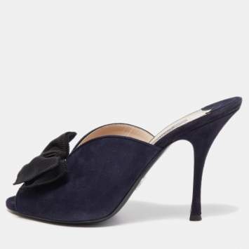 Pre Owned Prada Navy Blue Suede Bow Mules Size 39.5  