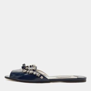 Pre Owned Prada Navy Blue Leather Crystal Embellished Bow Flat Slides Size 39.5