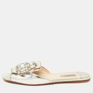 مملوكة مسبقًا Prada Silver Leather Crystal Embellished Flat Slides Size 40.5