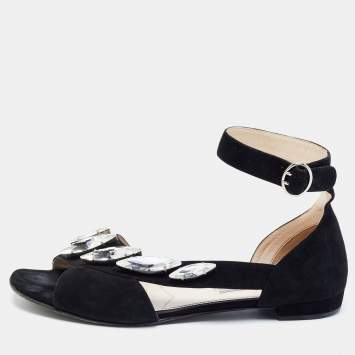 Pre Owned Prada Black Suede Crystal Embellished Flats Size 38.5