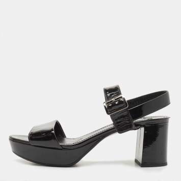 Pre Owned Prada Black Patent Leather Ankle Strap Block Heel Sandals Size 39
