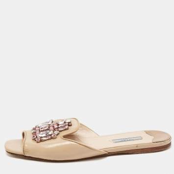 Pre Owned Prada Beige Saffiano Leather Crystal Embellished Flat Slides Size 39