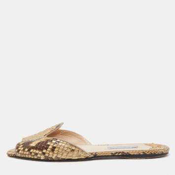 Pre Owned Prada Yellow/Brown Python Flat Slides Size 38.5