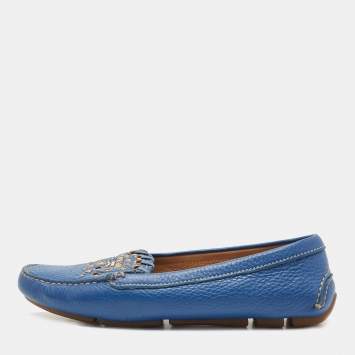Pre Owned Prada Blue Leather Studded Slip On Loafers Size 36