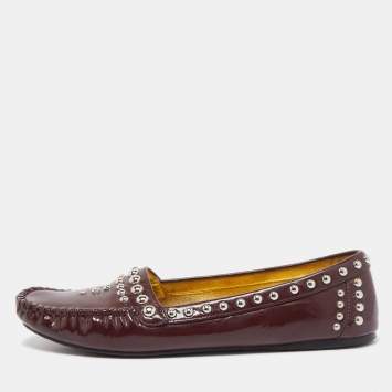 Pre Owned Prada Burgundy Patent Leather Studded Loafers Size 39