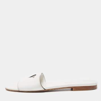 Pre Owned Prada White Leather Logo Cut Out Flat Slides Size 38.5