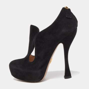 Prada Black Suede Zip detail Cut Out Platform Booties Size 36.5