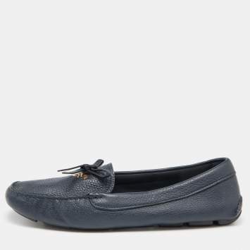Pre Owned Prada Navy Blue Leather Bow Loafers Size 41