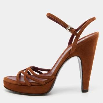 Pre Owned Prada Brown Suede Strappy Platform Sandals Size 38