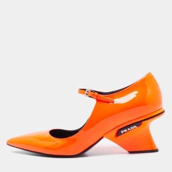 Pre Owned Prada Orange Patent Leather Mary Jane Block Heel Pumps Size 40