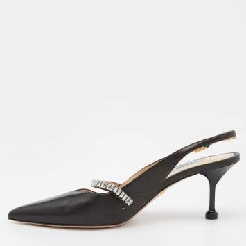 Pre Owned Prada Black Leather Crystal Embellished Slingback Pumps Size 39