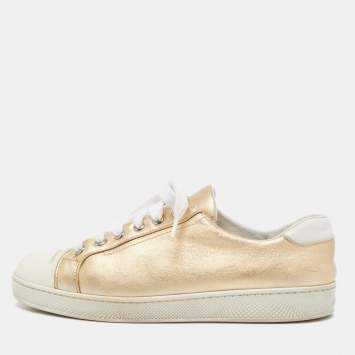 Pre Owned Prada Gold/White Leather and Rubber Low Top Sneakers Size 38