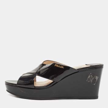 Pre Owned Prada Black Patent Leather Platform Wedge Slide Sandals Size 38