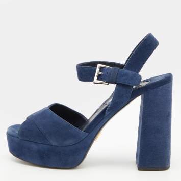 Pre Owned Prada Blue Suede Block Heel Platform Ankle Strap Sandals Size 38.5