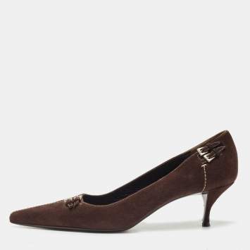 Pre Owned Prada Brown Suede Buckle Embellished Pointed Toe Pumps Size 37.5