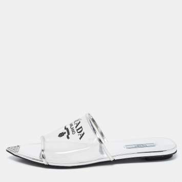 Pre Owned Prada Silver Foil Leather and PVC Flat Slides Size 39.5