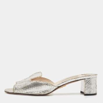 Pre Owned Prada Metallic Silver Python Embossed Leather Slide Sandals Size 36