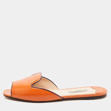 Pre Owned Prada Orange Patent Leather Flat Slides Size 38.5