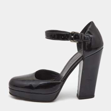 Pre Owned Prada Black Patent Leather Ankle Strap Platform Pumps Size 36