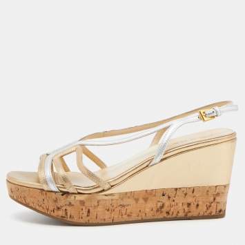 Pre Owned Prada Gold/Silver Leather Slingback Platform Wedge Sandals Size 36