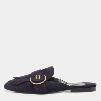 Pre Owned Prada Navy Blue Suede Fringe Details Flat Mules Size 40