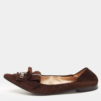 Pre Owned Prada Brown Suede Bow Zip Scrunch Ballet Flats Size 40