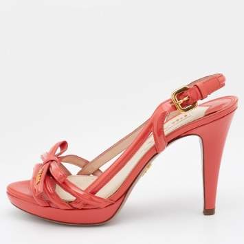 Pre Owned Prada Orange Patent Leather Bow Open Toe Slingback Sandals Size 37.5