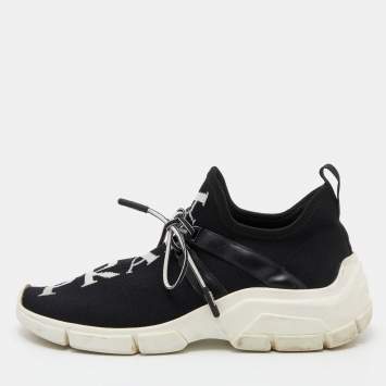 Pre Owned Prada Black Knit Fabric XY Logo Low Top Sneakers Size 35
