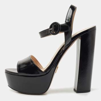 Pre Owned Prada Black Patent Leather Platform Ankle Strap Block Heel Sandals Size 38 