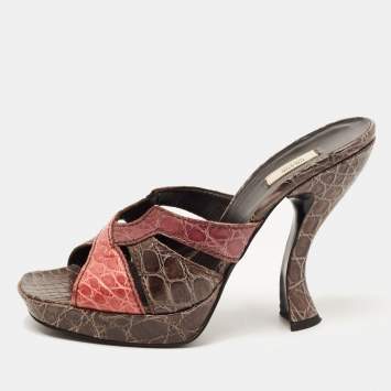 Pre Owned Prada Tricolor Croc Embossed Leather Platform Slide Sandals Size 39